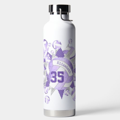 girly lilac purple white volleyballs and stars water bottle