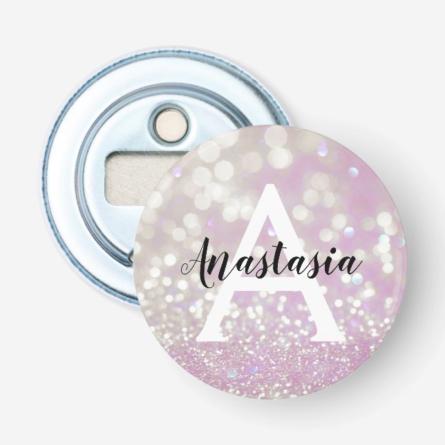 Girly Lilac Shimmer Glitter Sparkles Monogram Name Bottle Opener (Front)