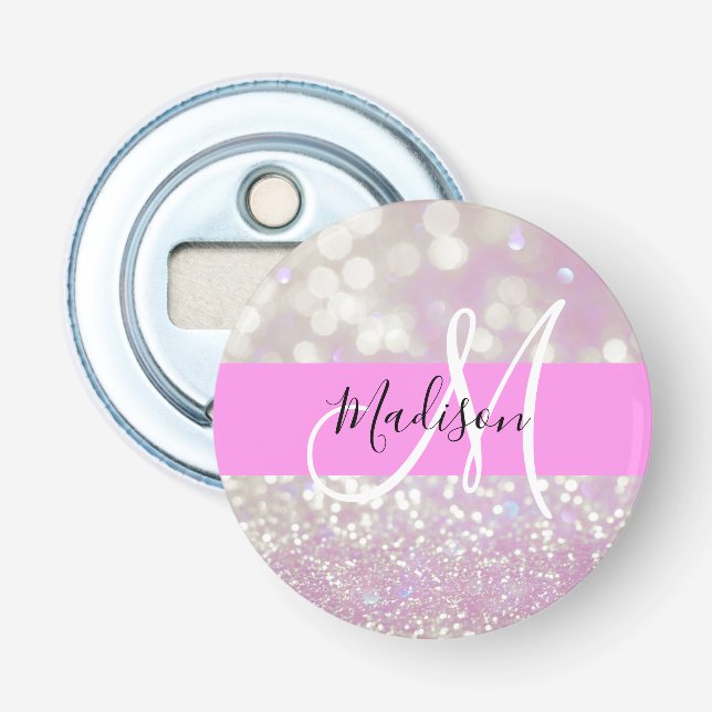 Girly Lilac Shimmer Glitter Sparkles Monogram Name Bottle Opener (Front)