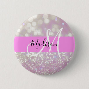 Girly Lilac Shimmer Glitter Sparkles Monogram Name Button