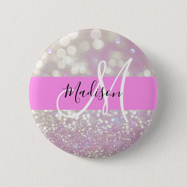 Girly Lilac Shimmer Glitter Sparkles Monogram Name Button (Front)