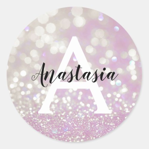 Girly Lilac Shimmer Glitter Sparkles Monogram Name Classic Round Sticker