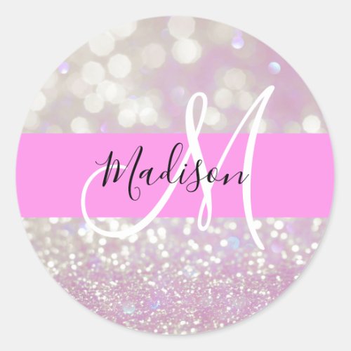 Girly Lilac Shimmer Glitter Sparkles Monogram Name Classic Round Sticker