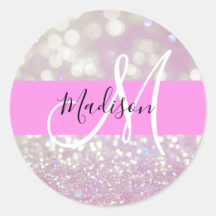 Girly Lilac Shimmer Glitter Sparkles Monogram Name Classic Round Sticker