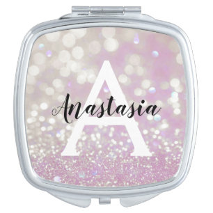 Girly Lilac Shimmer Glitter Sparkles Monogram Name Compact Mirror