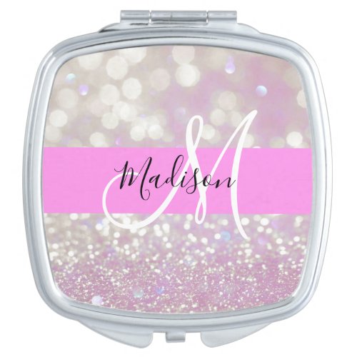 Girly Lilac Shimmer Glitter Sparkles Monogram Name Compact Mirror