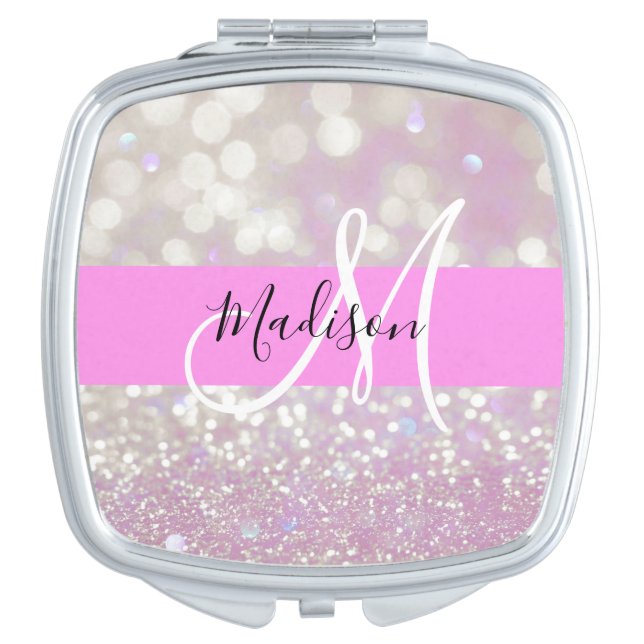 Girly Lilac Shimmer Glitter Sparkles Monogram Name Compact Mirror (Front)