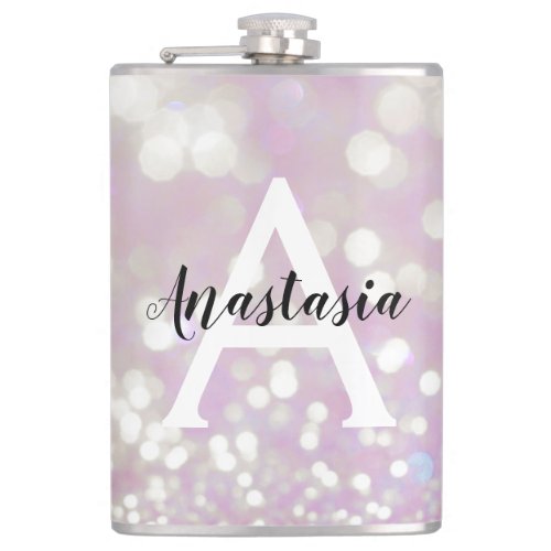 Girly Lilac Shimmer Glitter Sparkles Monogram Name Flask