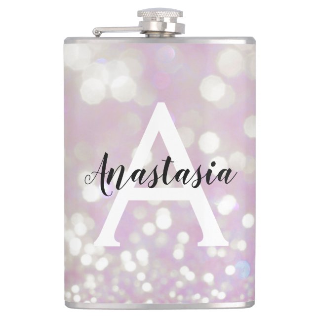 Girly Lilac Shimmer Glitter Sparkles Monogram Name Flask (Front)