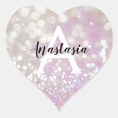 Girly Lilac Shimmer Glitter Sparkles Monogram Name Heart Sticker