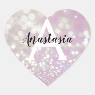 Girly Lilac Shimmer Glitter Sparkles Monogram Name Heart Sticker