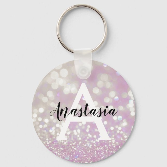 Girly Lilac Shimmer Glitter Sparkles Monogram Name Keychain (Front)