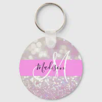 Girly Glam Hot Pink Glitter Sparkles Monogram Name Keychain