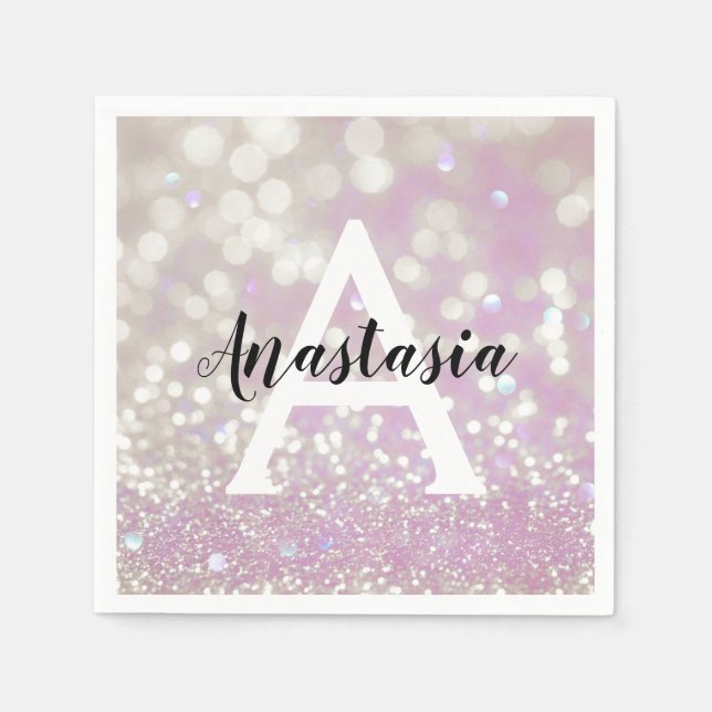 Girly Lilac Shimmer Glitter Sparkles Monogram Name Napkins (Front)