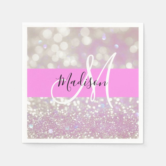 Girly Lilac Shimmer Glitter Sparkles Monogram Name Napkins (Front)
