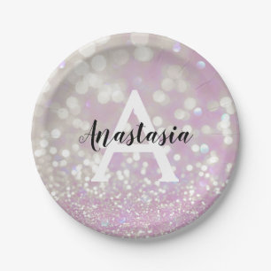 Girly Lilac Shimmer Glitter Sparkles Monogram Name Paper Plates