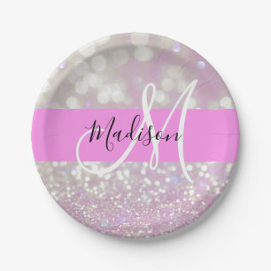 Girly Lilac Shimmer Glitter Sparkles Monogram Name Paper Plates