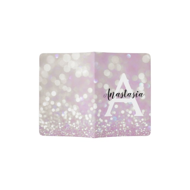 Girly Lilac Shimmer Glitter Sparkles Monogram Name Passport Holder (Opened)