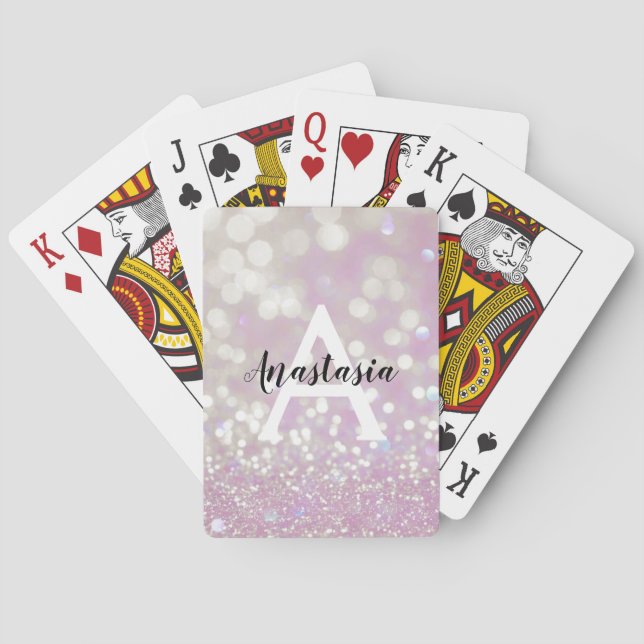 Girly Lilac Shimmer Glitter Sparkles Monogram Name Poker Cards (Back)