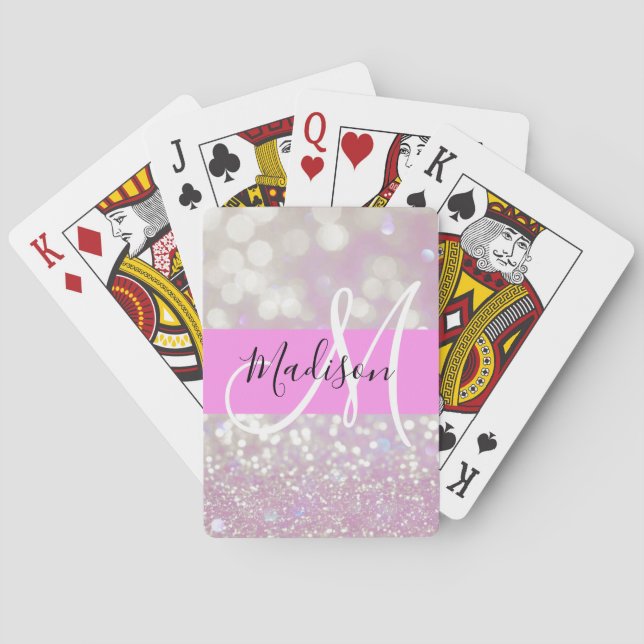 Girly Lilac Shimmer Glitter Sparkles Monogram Name Poker Cards (Back)
