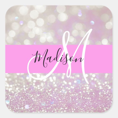 Girly Lilac Shimmer Glitter Sparkles Monogram Name Square Sticker