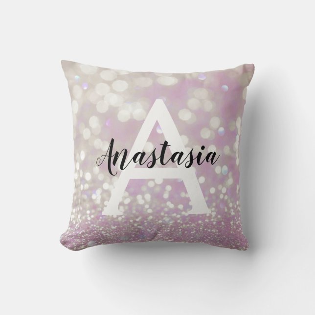 Girly Lilac Shimmer Glitter Sparkles Monogram Name Throw Pillow (Front)