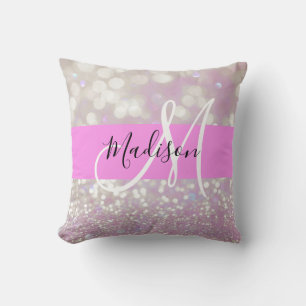 Girly Lilac Shimmer Glitter Sparkles Monogram Name Throw Pillow