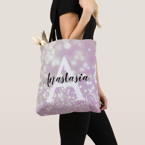 Girly Lilac Shimmer Glitter Sparkles Monogram Name Tote Bag