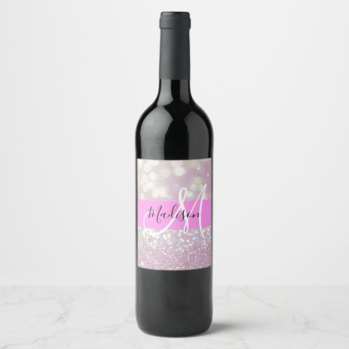 Girly Lilac Shimmer Glitter Sparkles Monogram Name Wine Label