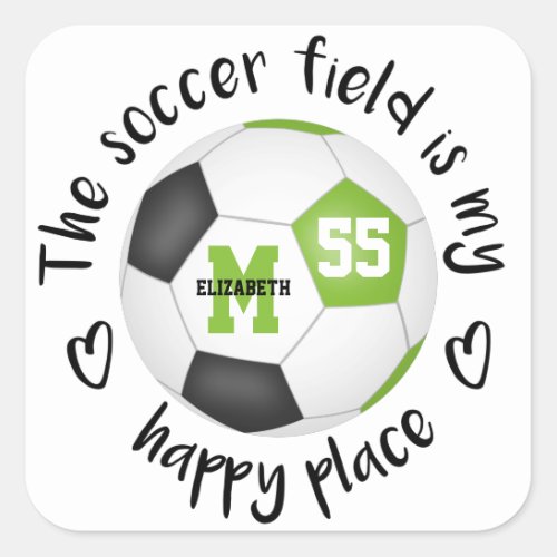 girly lime black soccer field is my happy place square sticker