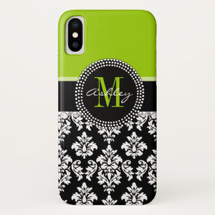 Girly Lime Green Black Damask Pattern Monogram iPhone X Case