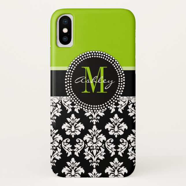 Girly Lime Green Black Damask Pattern Monogram Case-Mate iPhone Case (Back)