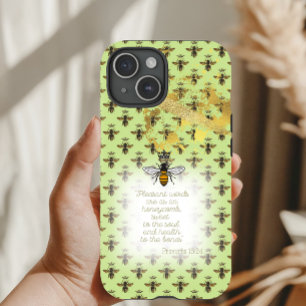 Girly Lime Green Gold Bee Grid Bible Queen Bee iPhone 15 Case