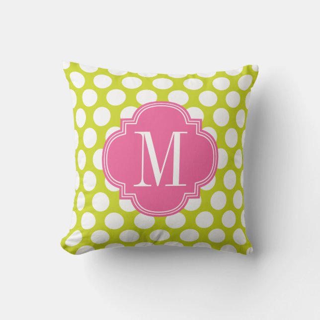 Girly Lime & Pink Big Dots Monogrammed Throw Pillow (Front)