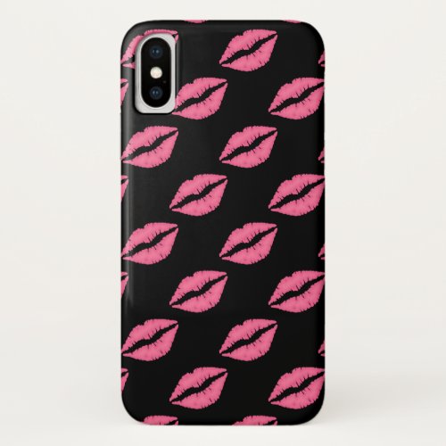 Girly Lips Hot Pink And Black Kiss Pattern iPhone X Case