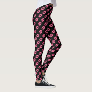 Girly Lips Hot Pink Black Kiss Pattern Cute Leggings