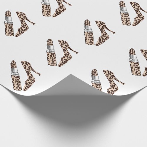 Girly lipstick and shoe leopard print wrapping paper