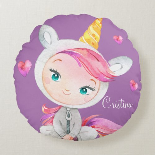 Girly Little Unicorn Cutie Watercolor Nursery Round Pillow