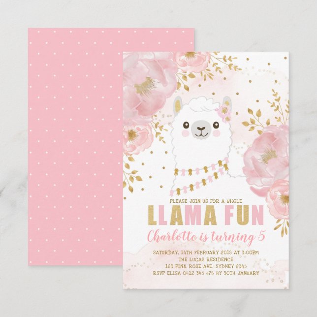 Girly Llama Birthday Pink Gold Floral Alpaca Party Invitation (Front/Back)