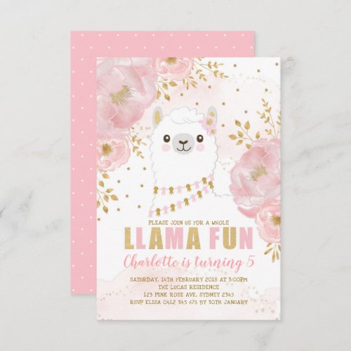 Girly Llama Birthday Pink Gold Floral Alpaca Party Invitation