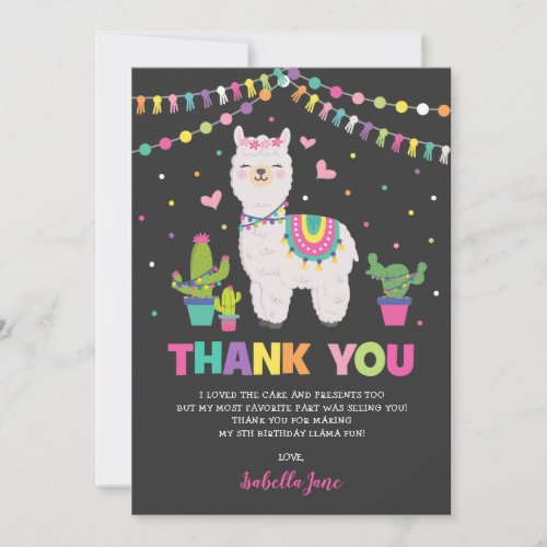 Girly Llama Fiesta Cactus Birthday Party Thank You Card