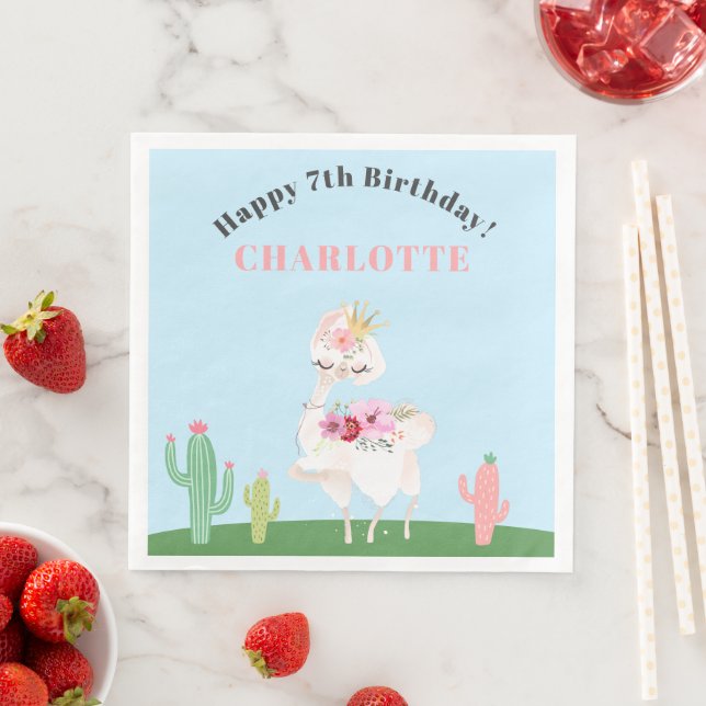 Girly Llama Floral Cactus Birthday Party Paper Dinner Napkins (Insitu)