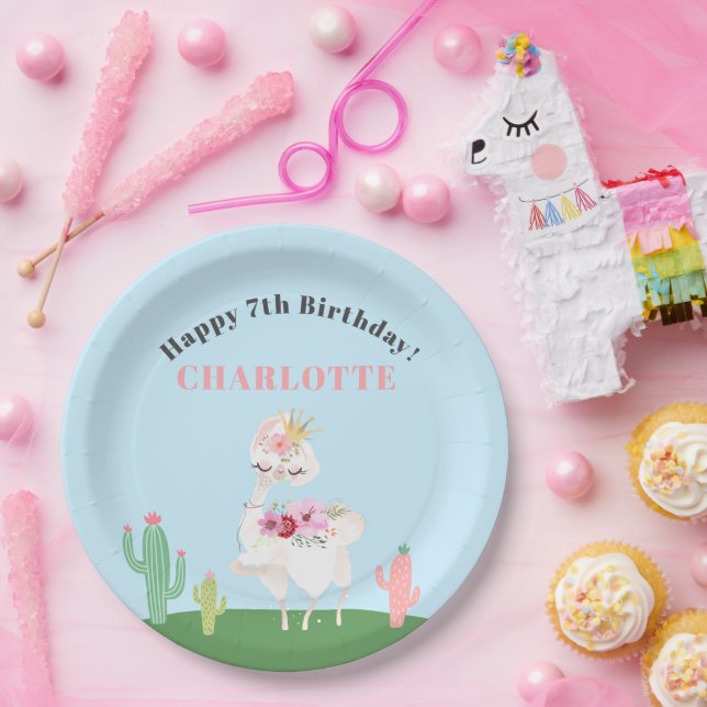 Girly Llama Floral Cactus Birthday Party Paper Plates (Party)