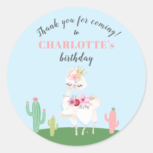 Girly Llama Floral Cactus Birthday Party Thank You Classic Round Sticker