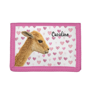 Girly Llama on Pink Hearts Pattern Personized Trifold Wallet