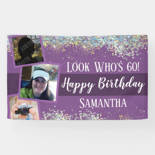 Girly Look Whos 60 Glitter Birthday purple Banner