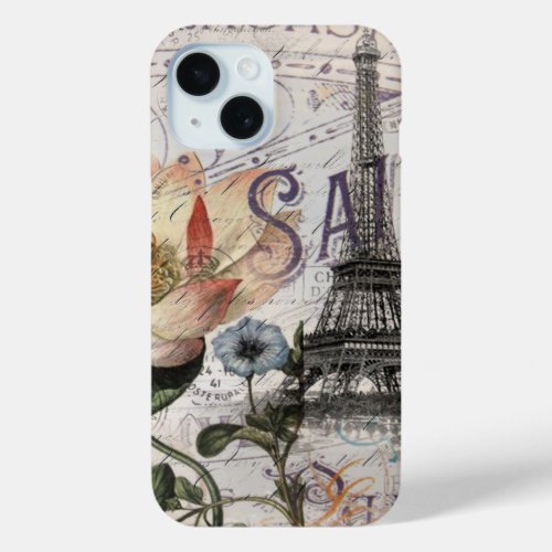 girly lotus flower vintage paris eiffel tower iPhone 15 case