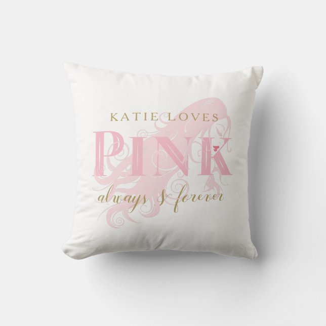 Girly Love Pink Forever Woman Silhouette and Name Throw Pillow (Front)