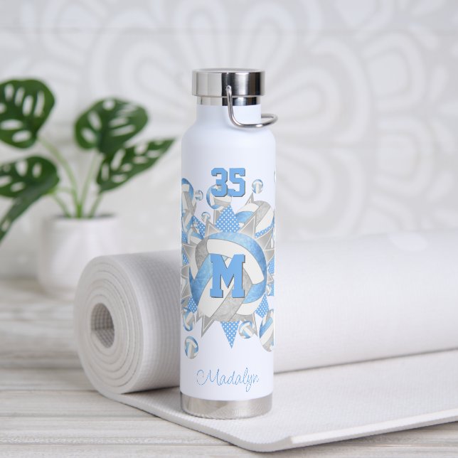 girly lt blue gray volleyballs and stars  water bottle (Yoga)