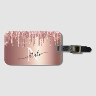 Girly Luxe Glitter Drip Foil Monogram Luggage Tag